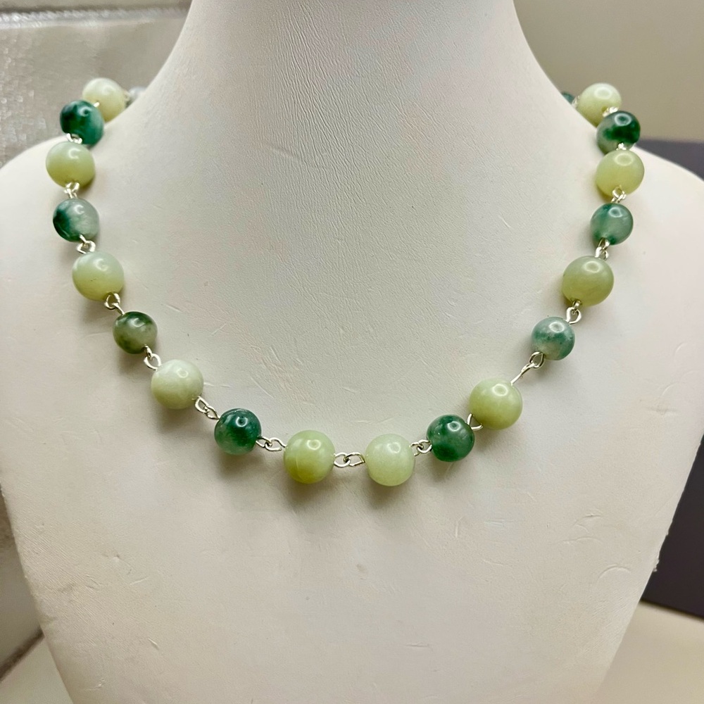 Green Phrenite and Moss Agate Gemstone Beaded Sterling Silver Necklace